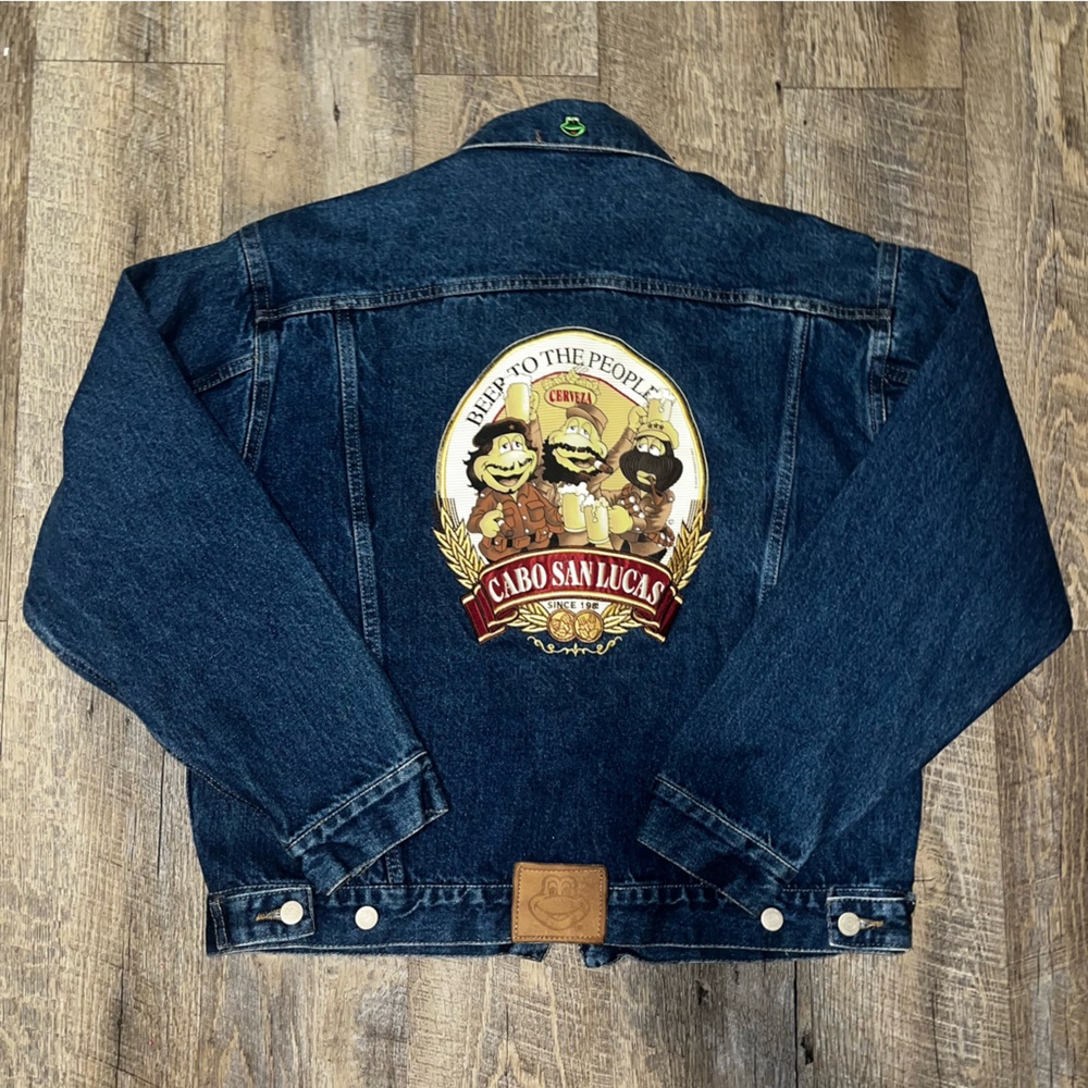 Vintage Cabo San Lucas Cerveza All Embroidered Denim‎ Jacket Size 38 Fits Size L